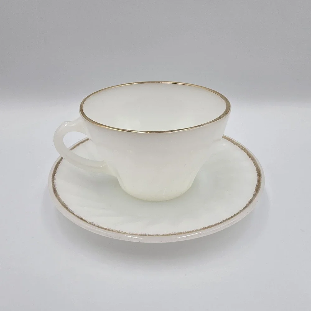 Fire-King Anchor Hocking White Swirl Milk Glass Tea Cup Saucer Gold‎ Rim